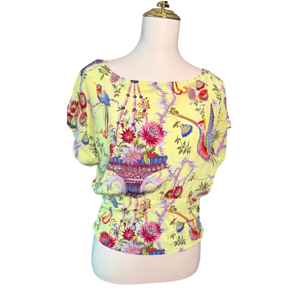 Anthropologie Maeve Size 2 Yellow 100% Silk Garden Bird Floral Dolman Blouse